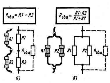 Последовательное (а) и параллельное (б) соединение резисторов.