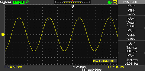 Осциллограмма генератора низкочастотного сигнала Г3-118 частота 10 кГц