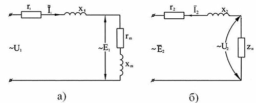 Схемы замещения первичной (а) и вторичной (б) обмоток трансформатора при нагрузке