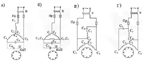Схемы включения в однофазную сеть трехфазного АД имеющего три (а,б) или шесть ( в,г) выводов обмотки статора