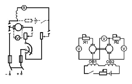 Схемы установки щеток на нейтраль двигателя параллельного возбуждения слева и на нейтраль двухякорной машины справа