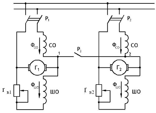 Схема параллельной работы генераторов смешанного возбуждения