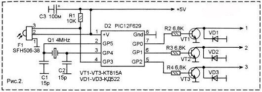 Схема приемника ИК сигналов на PIC12F629 показана на рисунке 2
