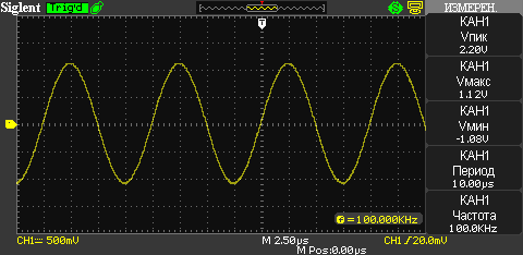 Осциллограмма генератора низкочастотного сигнала Г3-118 частота 100 кГц