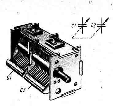 Пример конструкции двухсекционного конденсатора, с воздушным диэлектриком, переменной емкости.